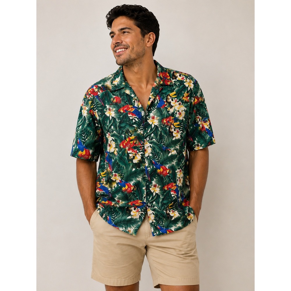 Scorpio Mens XL Parrot Toucan Tropical Hawaiian Shirt Made in USA Cotton Green